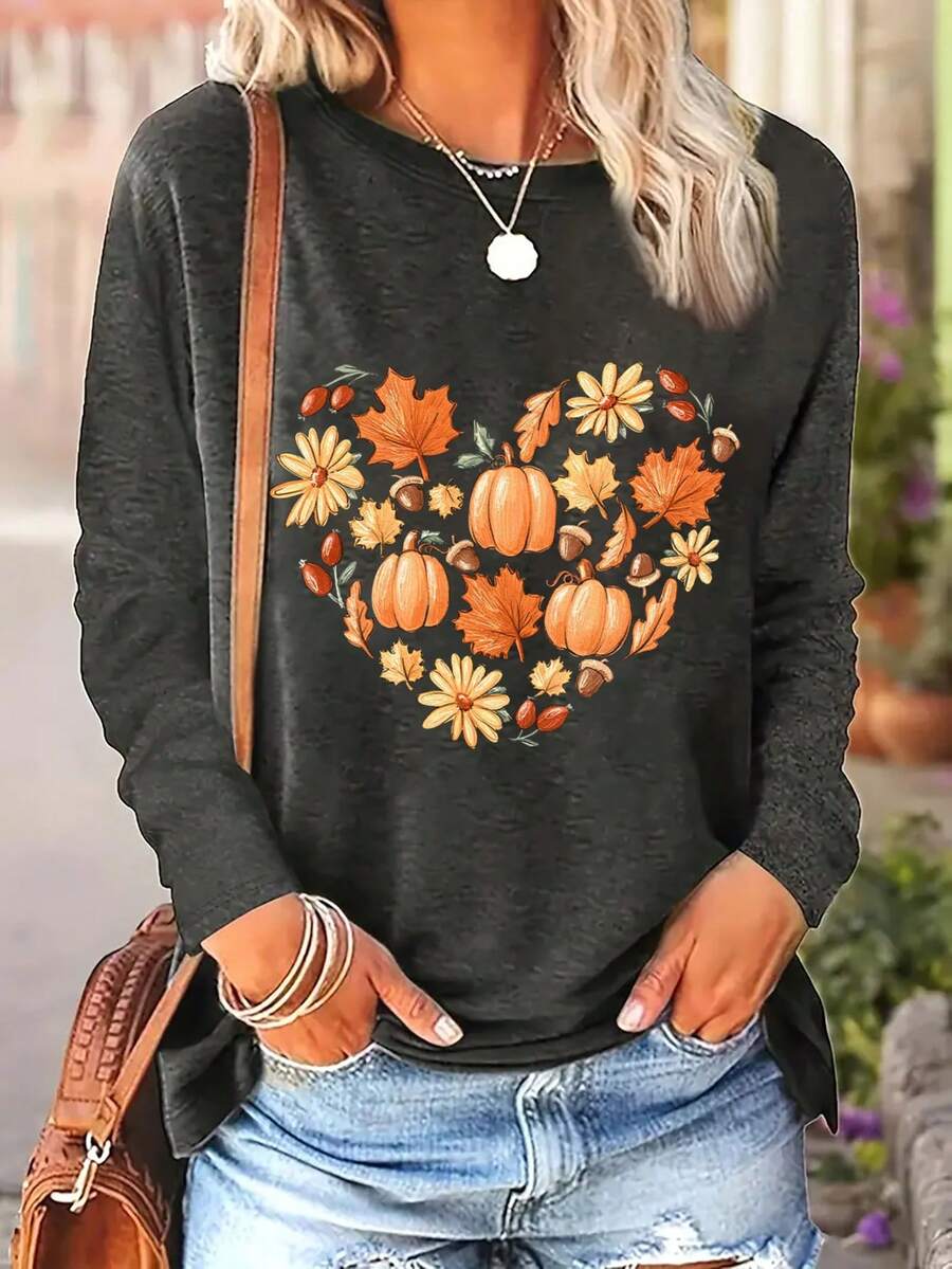 Camiseta de manga larga con cuello redondo y estampado de corazón, calabaza y hoja de arce para mujer talla grande, camiseta de manga larga otoñal linda, adecuada para uso diario en otoño e invierno
