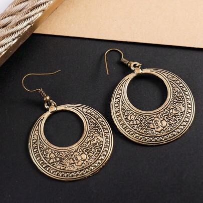 1 Pair Vintage Totem Floral Hollow Round Earrings, Suitable For Women's Daily And Party Jewelry