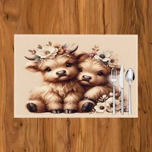 1pc/4pcs/6pcs Cute Highland Cow Printed Linen Placemats, Suitable For Dining Table, All Season Decor, Modern Washable Table Mats, Room Decor, Coasters, Kitchen Dining Mats, Indoor Outdoor Party Decoration, Home Decor, Ideal Gift - Multicolor - View 13