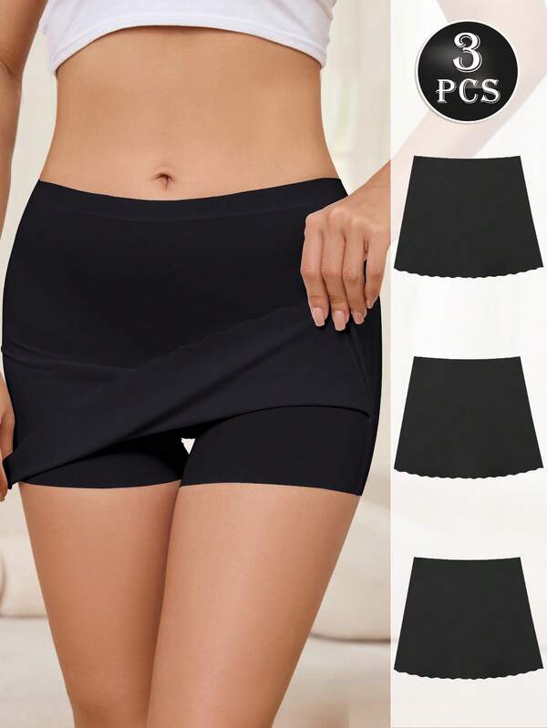 3 peças calcinhas com saias e acabamento em vieira, camadas duplas, invisíveis, antiexposição, shorts masculinos confortáveis, macios e de , cuecas boxer sem costura, roupa íntima e lingerie feminina, preta