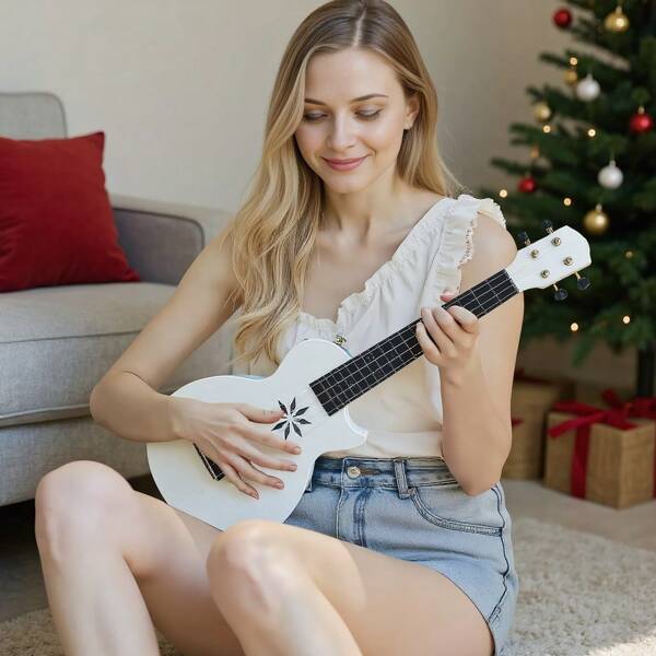 Ukulele soprano de fibra de carbono de 58,42 cm - Kit leve e durável para iniciantes, para adultos e adolescentes, fácil de tocar com escala transparente, inclui 6 cordas e 2 palhetas, branco, perfeito para casa ou viagem, ukulele de viagem, instrumento elegante, construção durável