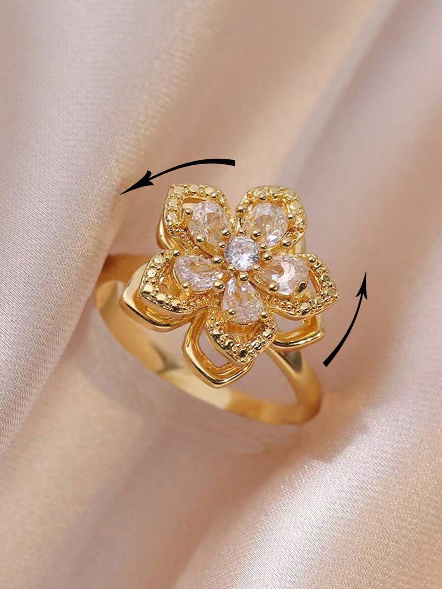 1pc Copper Elegant Rotating Peach Blossom Ring, Unique Design Birthday Gift For Girlfriend