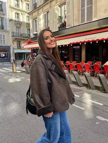 Chaqueta de invierno 2025 con forro de piel para mujer - Estilo callejero con solapa suelta con bolsillos y manga larga