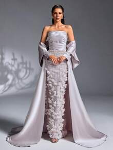 A Light Gray 3D Petal Beaded Embroidery Satin Strapless Long Cape Mermaid Luxury Evening Gown Party Spring Wedding - Mauve Purple - View 4