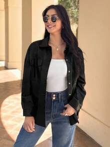 EMERY ROSE Women's Spring Fashion Faux Leather Shacket Jacket Flap Pocket Drop Shoulder Button Down Blouses Long Sleeve Shirts - Black - View 1