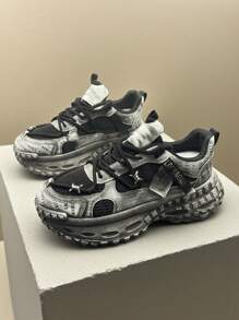 Men's Retro Chunky Sneakers With Tire Tread Sole, Distressed Design, Non-Slip And Durable For Outdoor, Sports, Training, Breathable Leather & Mesh Upper, Fashionable Casual Shoes For Daily, Commuting, Streetwear