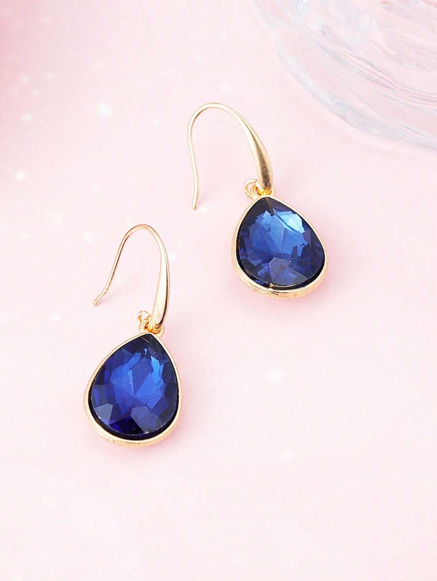 1对欧美风格蓝水晶水滴耳环，时尚优雅耳坠，批发