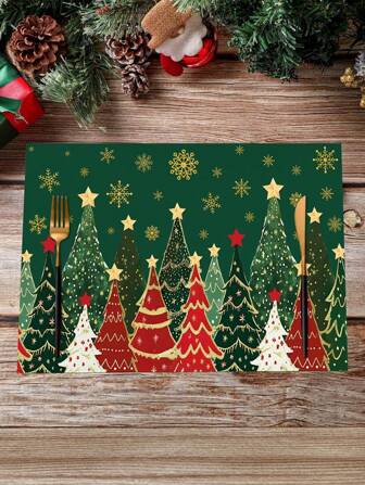 1/2/4 Stücke Weihnachts-Themen Tischsets, grüner vintage Weihnachtsbaum, Stern, Schneeflocken Muster Design, Polyester Tischsets, 30x45cm, geeignet für Weihnachtstisch Dekoration, Weihnachtsfeier, Familientreffen, Tischplatte, Teller Dekoration