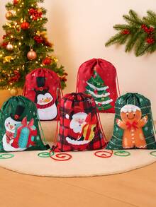 5个装圣诞节抽绳袋，圣诞老人、雪人、圣诞树、姜饼人、企鹅图案抽绳背包袋，圣诞礼物包装袋，圣诞派对装饰，礼品包装用品，圣诞大容量背包收纳袋，圣诞装饰，圣诞家居装饰 - 聖誕卡通 - 查看 2