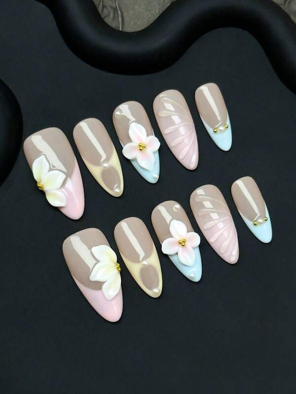 Set de 10 uñas acrílicas de prensa hechas a mano de longitud media con forma de almendra, uñas de primavera, uñas de verano, flores de resina tridimensionales hechas a mano, rayas tridimensionales, uñas verdes, suministros para uñas, uñas postizas, uñas postizas desmontables, arte de uñas, adecuado para fiestas, bailes, uso diario, fiestas de estudiantes, de presión y reutilizables, con pegamento de gelatina y lima de uñas, suministros de uñas DIY