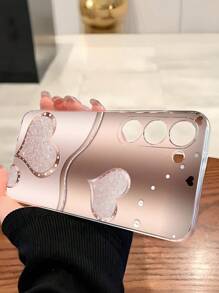 1pc Glitter Diamond Heart Transparent Soft Phone Case, Compatible With Samsung Galaxy A04e/12/A13/A14/A34/A50/A52/A53/A54/S21/S22/S23/S24/S25/S25Ultra, Flat Print Pattern, Not Moissanite
