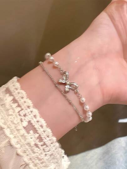 1 Stück süße Mode Perlen Schleife Doppelschicht Armband, geeignet für Damen Alltag, Feste und Partys