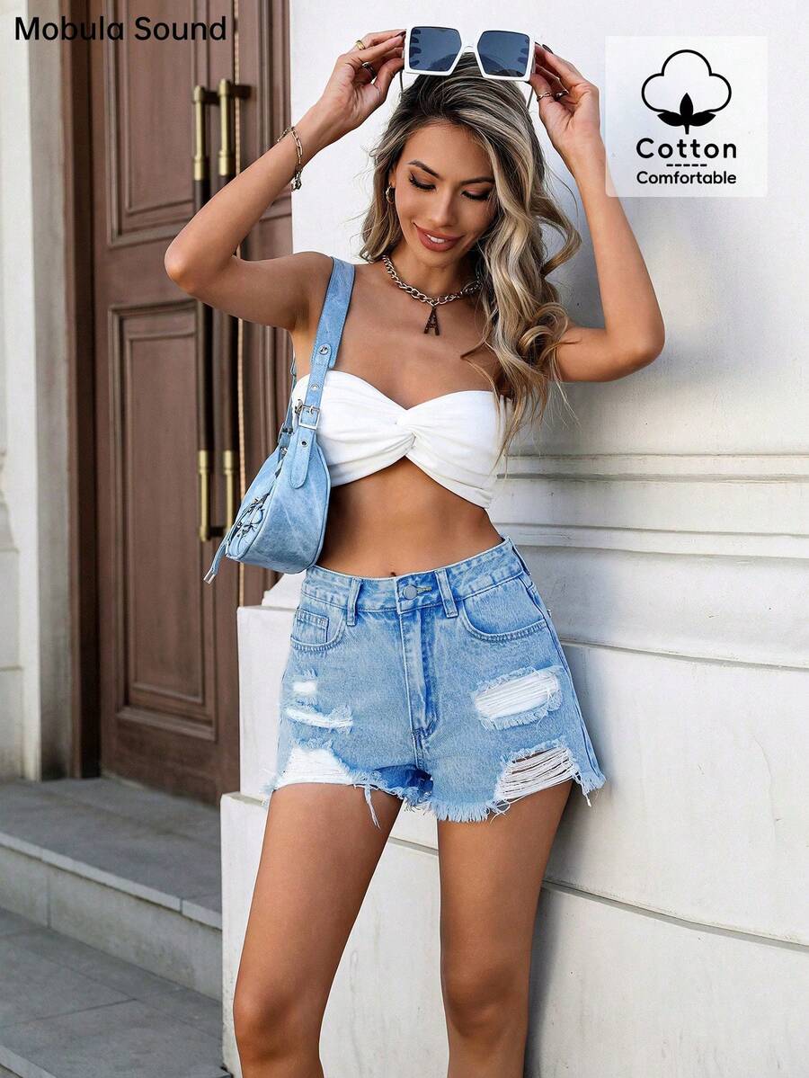 Mobula Sound# Đa năng, Thường ngày, Kỳ nghỉ, Gợi cảm, Lễ hội âm nhạc, Phong cách đường phố, Y2K Millennials, Trẻ trung, Đại học, Sinh viên, Phụ nữ, Thời trang, Phong cách, Gợi cảm, Xỉn màu, Cổ điển, Xỉn màu, Làm thon gọn, Quần short denim xanh phố High Street - Màu xanh trung bình - Xem 1