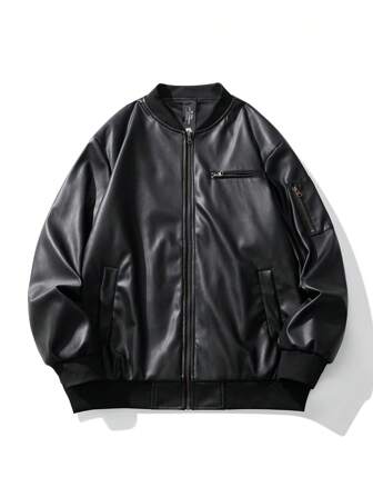 Plus Size Men's Long Sleeve Loose Fit Faux Leather Jacket, Spring Autumn New