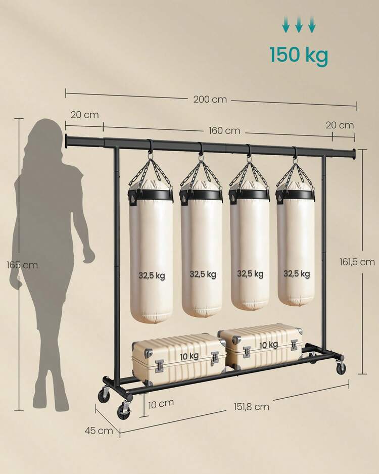 SONGMICS Telescopic Clothes Drying Racks - 45 x (160-200) x 161,5 cm (G x U x Y) - Görünüm 10
