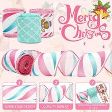 3 rolos de fita de gorgorão listrada xadrez de 6,35 cm (2,5 polegadas) para artesanato, ideal para fazer laços, embalagens DIY, decoração natalina rosa e azul, decoração de inverno para o quarto, presentes de Natal para casa.
