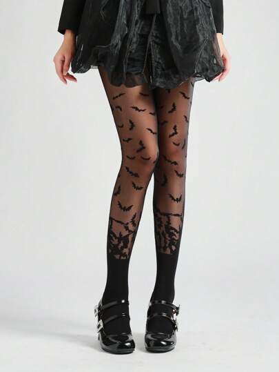 1pc Women's Halloween Bat Jacquard Pantyhose, Holiday Edition