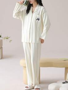 [PONX]2pcs Panda Print Striped Women Cardigan Pajama Set, Long Sleeve Soft Homewear For Spring & Autumn - Multicolor - View 4