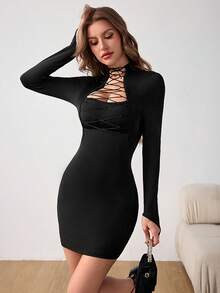Socialite Style Sexy Slim Fit Hollow Out Strap Long Sleeved Dress For Women