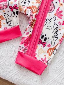 1pc Baby Girls' Halloween Pumpkin & Ghost Print Funny Design Contrast Color Zipper Romper, Long Sleeve, Fit For 0-9 Months Infants, Holiday Cute Outfit