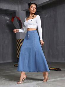 Women's Denim Big Wide Swing Dress Elastic Front Buckle Big Dress - 淺色水洗藍 - 查看 4