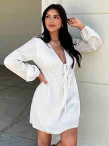 EMERY ROSE 女式 V 领收腰 A 字褶长袖纹理面料连衣裙，白色连衣裙，舞会/大学/万圣节/图案毛衣/补丁/女士校服/万圣节毛衣/必备品/圣诞节/女士办公室服装/基本款/可爱，白色毕业礼服 - 白色 - 查看 2