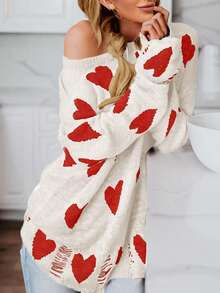 Womens Cute Love Heart Print Sweaters Oversized Off The Shoulder Loose Knitted Valentine Pullover Blouse Top - 白紅色 - 查看 1