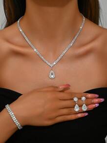 3pcs Set Necklace Earrings Bracelet Jewelry Set For Women, Rhinestone Pearl With Tassel Choker Necklace, Tassel Bracelet, Crystal Pendant Earrings, Suitable For Wedding, Bride Party