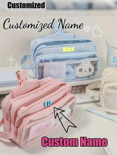 Customized Pencil Case - Customizable Name - Customizable Letter Pattern - Simple Large Capacity Multi-Layer Pen Bag, Durable PVC Stationery Bag, Transparent Design, Student Supplies, Birthday Gift, Best Gift, Multi-Functional, Decorative, Reusable, Modern, Colorful, Cute, Retro, Cartoon, Kawaii, Customized, Personalized, Unique, Custom, Employee, Client, Student, Business/Work/Office, School, Back To School, School Supplies