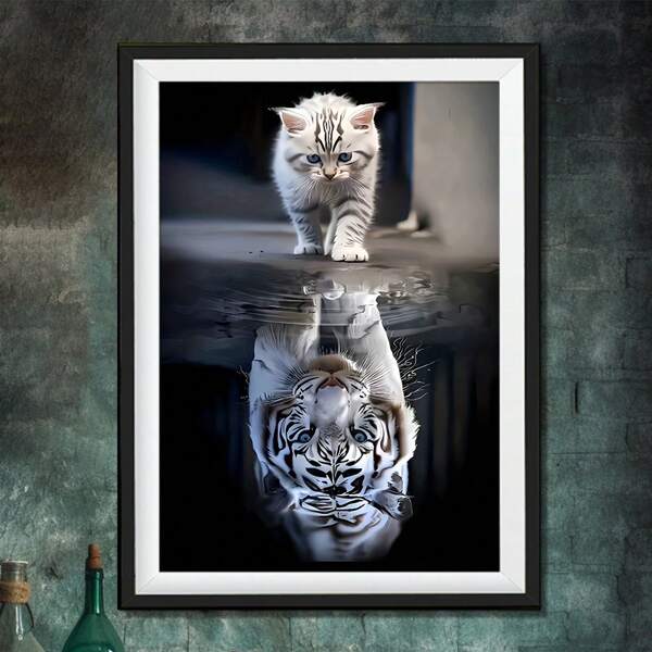 1pc COCBONI Classic Glittering White Cat And Tiger Reflection Canvas Print, Reusable Fabric Wall Art Poster, Home Decor For Living Room, Bedroom, Office - Bathroom Wall Painting,No Frame ﻿