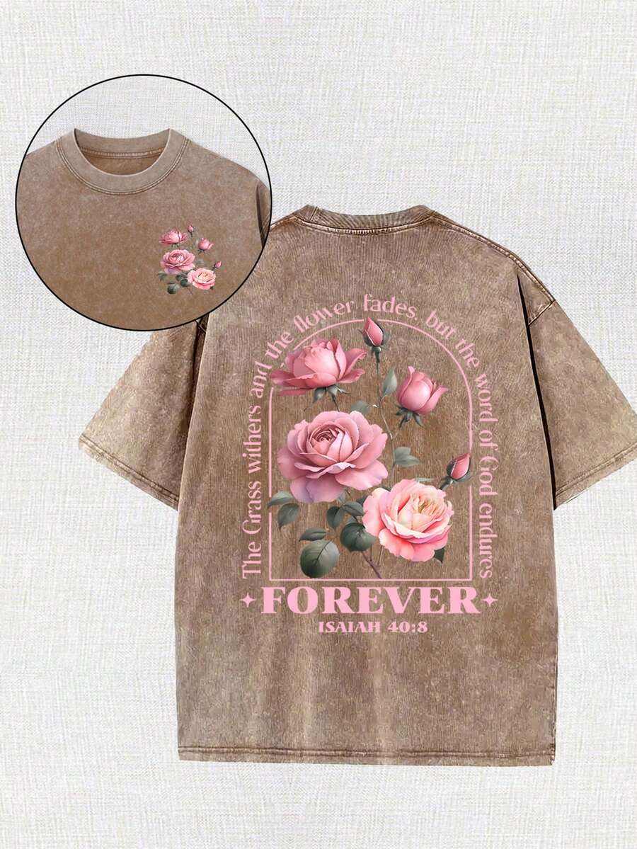 Retro Men's Washed T-Shirts, Street Retro, Men's Washed T-Shirts, Eternal Flower Printing, Flower Printing, Can Be Used As Gifts, Send Friends, Send Family, Novel Styles, Fashion And Versatile. - 卡其色 - 查看 1