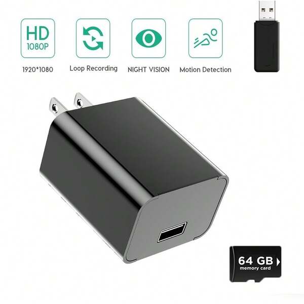 1080P HD Home Camera, USB Charger Plug-In Camera, Plug And Play, No WiFi Setup Required, Suitable For Pet/Indoor/Office Security Camera, Motion Detection And Loop Recording, Easy Access To Files, With 64GB Memory Card