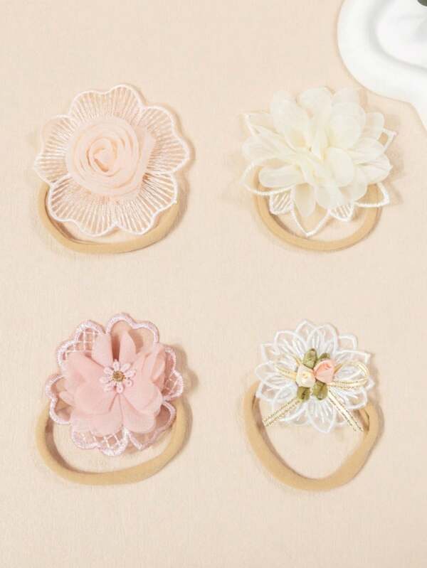 4 pièces/set Nouveaux bandeaux pour bébé en mousseline de soie 3D à fleurs, bandeaux mignons et doux pour bébé, accessoires pour cheveux de princesse pour bébé fille, convient pour les cadeaux, les fêtes, les vacances, le port quotidien (sans carte en papier)