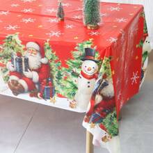 137*220cm Christmas Theme Tablecloth, Vintage Style With Santa Claus Holding Gifts Sitting On Snowy Ground, Cute Snowman And Christmas Tree Elements Design, Plastic Tablecloth, Christmas & New Year Home Decor, Christmas Party & Family Gathering Table Decoration