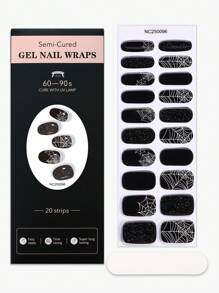 20 片黑色半固化凝胶指甲贴，万圣节蜘蛛网闪光自粘凝胶指甲全贴，沙龙品质，易于修甲，适合女性万圣节化妆舞会 DIY 使用美甲用品 - 黑色 - 查看 6