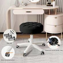 Small Round Rolling Desk Chair Armless Comfy Vanity Computer Chair Without Backrest PU Leather Height Adjustable Swivel Work Spa Stool - Black - View 7