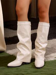 Women's Pointed Toe Comfortable Boots, Wide Shaft Straight Tube Versatile, Buckle Fashionable Chunky Heel Pants Boots, Spring/Autumn,Western Boots