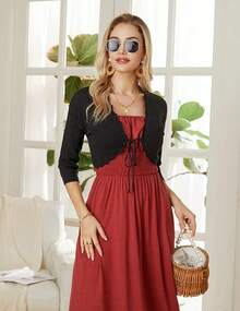 Women's 3/4 Sleeve Bolero Shrug Lightweight Open Front Cropped Cardigan Knit Shrugs For Dresses - màu đen - Xem 4
