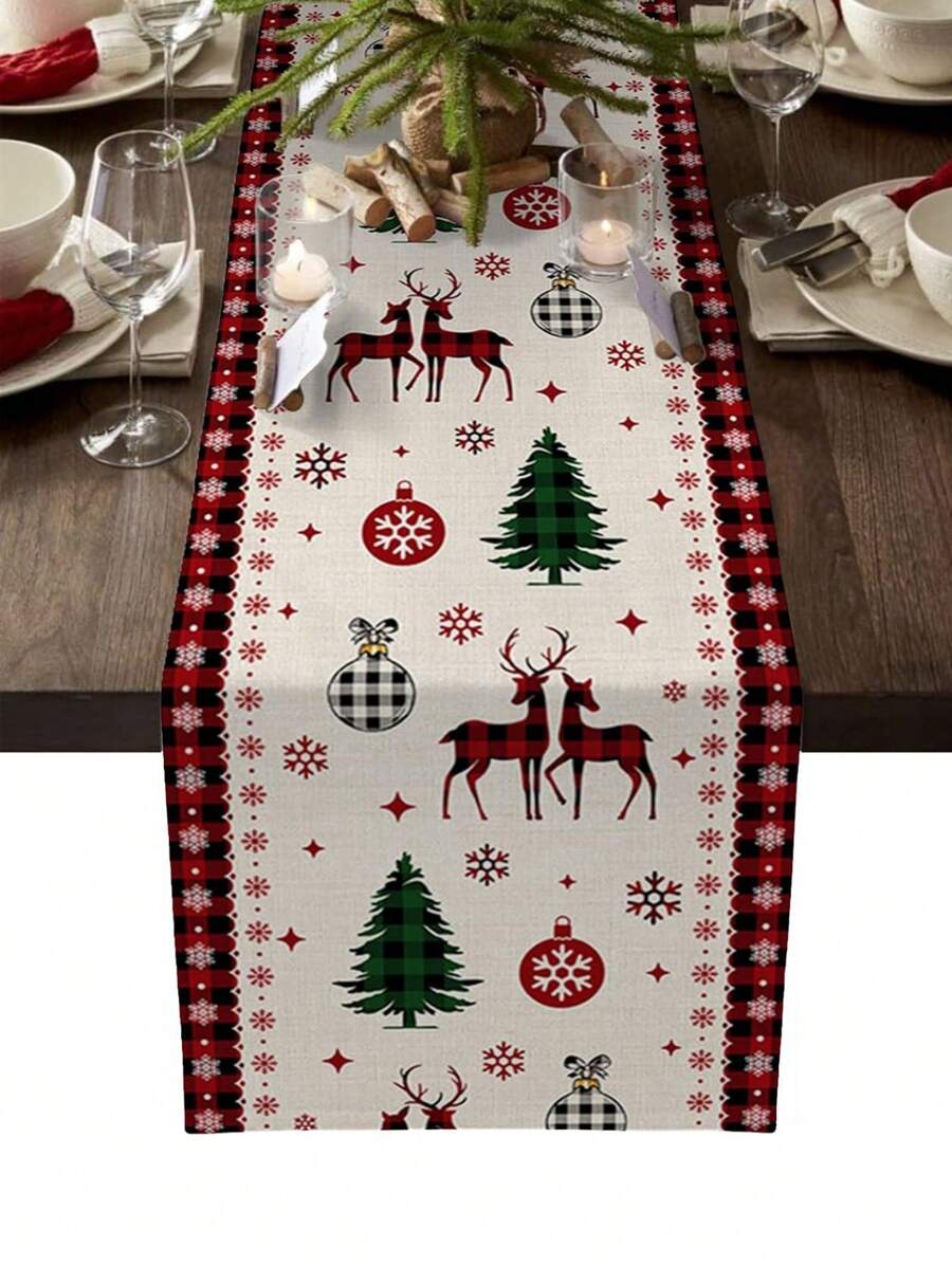 Christmas Snowflake Elk Xmas Tree Table Runner Party Decor Winter Holiday Buffalo Checker Kitchen Dining Table Runner Christmas Decorations