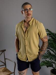 Men's Short Sleeve Shirt With Priest Collar Premium Quality Light And Fresh Fabric Easy To Iron - 芥末黃 - 查看 5