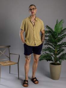 Men's Short Sleeve Shirt With Priest Collar Premium Quality Light And Fresh Fabric Easy To Iron - 芥末黃 - 查看 6