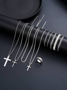 4/10pcs Stainless Steel Cross & Twist Chain Bracelet Necklace Set For Men, Casual Fashion Vacation Date Gift, Daily Street Party Accessory (No Box) - Style 1 - View 6