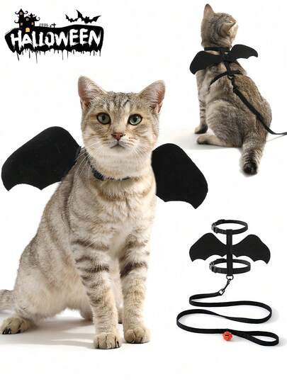 Halloween Black Bat Wing Pet Harness With Pumpkin Bell I-Shaped Bat Pet Leash, Adjustable Cat Dog Costume, Cat Halloween Outfit, Animal Transformation Gear, Fluffy Pet Makeover, Bat Wing Harness, Adjustable Animal Costume, Halloween Themed Comfortable Set, Pet Wear, Suitable For Dog Lovers And Makeup Enthusiasts