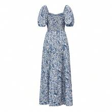 Woman Floral Puff Sleeve Maxi Dress Square Neck Ruffle Flowy Long Dresses Boho Tiered A Line Summer Sundress - 藍色 - 查看 9