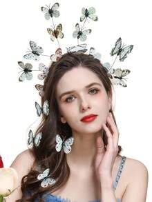 1pc Plastic Butterfly Headband Fascinator Hats Women Monarch Tea Party Headband Alice In Wonderland Hat Costume( Butterflies In The Same Color Scheme With Random Patterns) - White - View 2