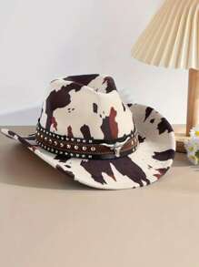 1pc Unisex Polyester Cow Print Cowboy Hat - Leather Rivet And Cow Skull Decor, Suitable For Horseback Riding, Outdoor Travel, Cowboy Party And Daily Wear - Multicolor - View 5