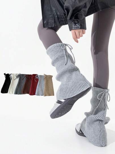 1 Pair Women's Autumn/Winter Leg Warmers, Thickened Warm Leg Warmers With Bowknot And Bandage, Knitted Leg Sleeve In Grey