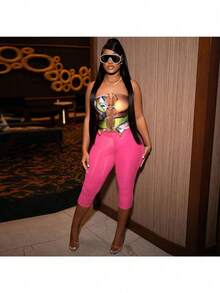Women's Spring And Summer 3D Printed Ring Stitching Hollow Chest Top Three-Piece Pants Set - Màu Hồng Tươi - Xem 4