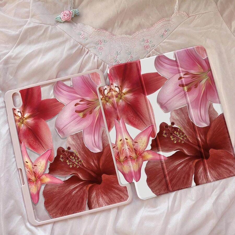 This Beautiful And Adorable Cartoon Red Flower Double-Sided Acrylic Crystal Clear Back Cover Is Shock-Resistant And Durable, Suitable For IPad 7th, 8th (10.2 Inch) And 10th Generation. It Has A Built-In Pen Slot, Supports Sleep/Wake Function, And Multiple Folding Stand Modes. It Is An Ideal Choice For Holiday And New Year Gifts. - Multicolor - View 1