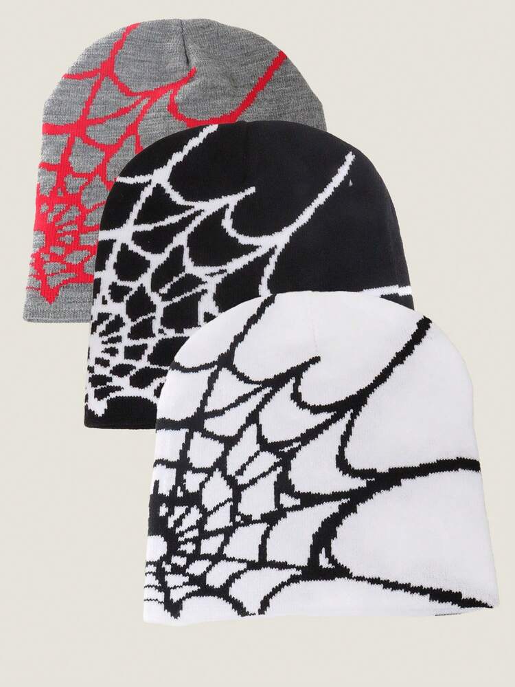 3pcs Halloween Spider Web Jacquard Beanie, Elegant Knit Hat Suitable For Back To School, Travel, Party, Casual, Holiday Wear Autumn Accessories - Multicolor - View 5